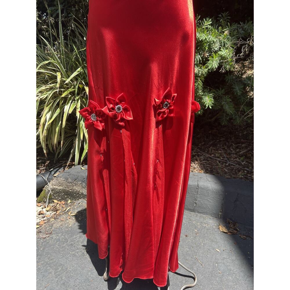 Vintage Y2K Red Satin Maxi Slip Dress Lace Up Rhinestones Lingerie - Picture 5 of 7